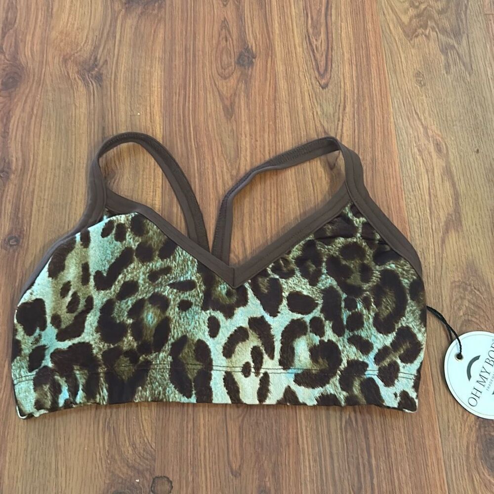 OH MY BOD brown with green Leopard bralette. Non-padded workout top sports bra s